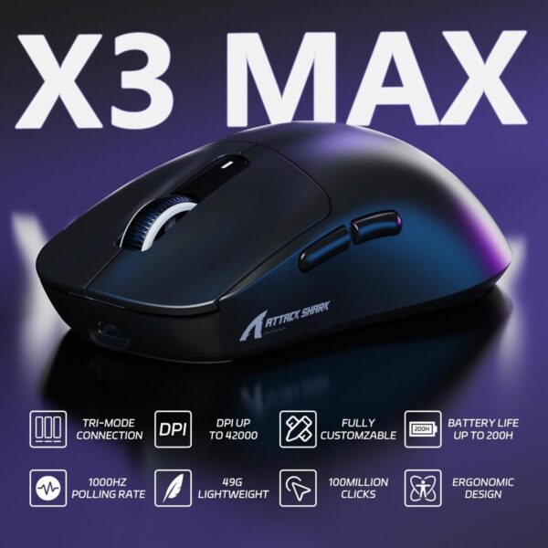 Attack Shark X3Max | Wireless Gaming Mouse, PixArt PAW3950 Gaming Sensor, Up to 42K DPI, 49g Lightweight Tri-Mode (BT5.2/2.4GHz/Wired) - Black , White (with Grip Tape)